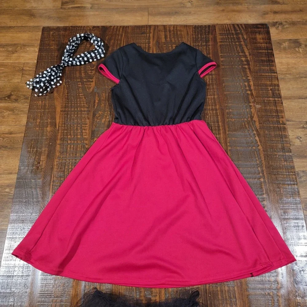 3 PC Red 50's Poodle Skirt Dress outfits Girls Size Medium 6/8 Costume Halloween - Picture 3 of 5